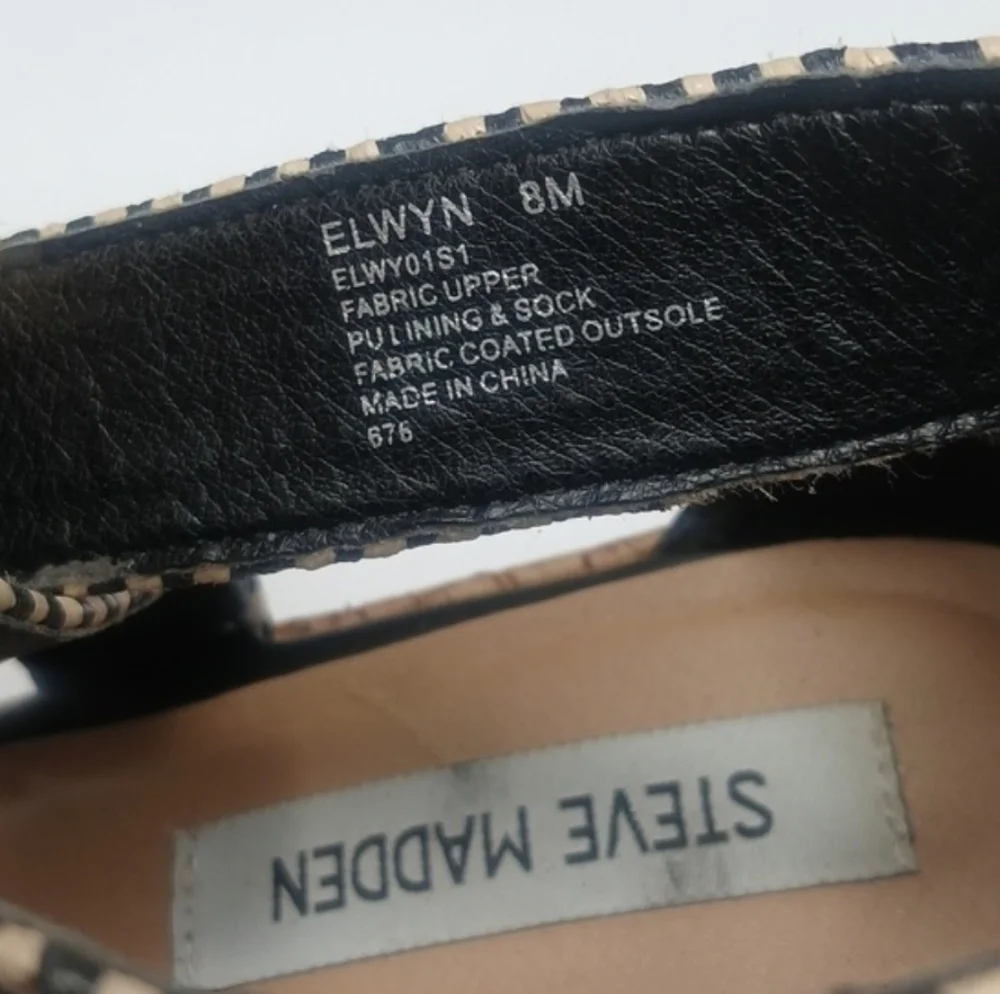 Steve Madden Elwyn Wedge Sandal‎ Women 8M Black Tan Chevron Platform Cork Heel
